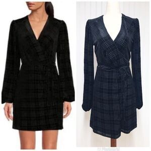 GIANNI BINI Black Velvet Mini Wrap Dress Houndstooth Print Long Sleeve Sz XS New